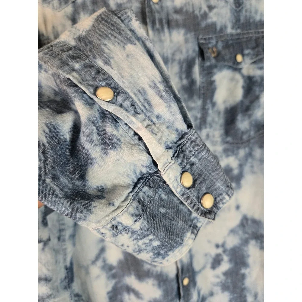 True Religion Tie Dye Western Shirt‎ Indigo Bleached Snap Button Denim